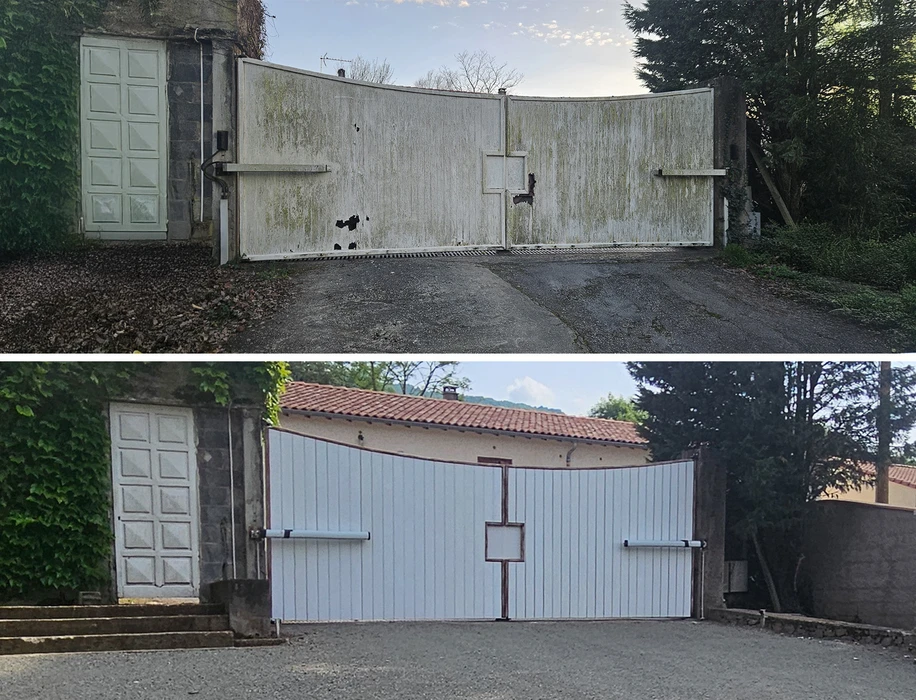 Extérieur résidentiel montrant la rénovation d'un portail de garage