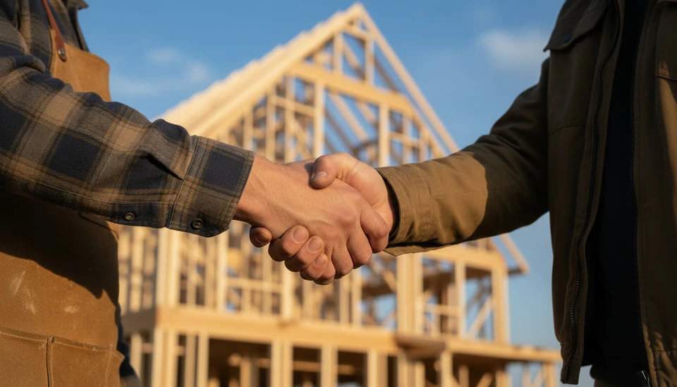 Chantier extérieur de couverture avec ouvrier posant des tuiles terre cuite orange sur charpente bois