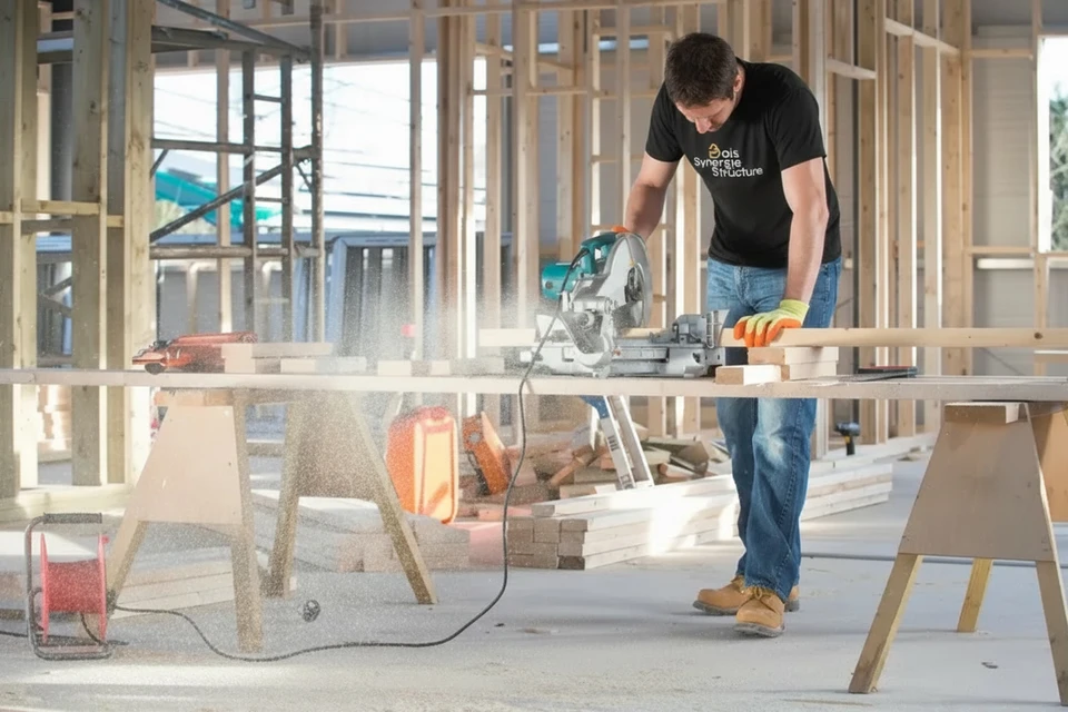 Chantier de construction résidentielle, charpentier utilisant une scie à onglet radiale sur établi portable