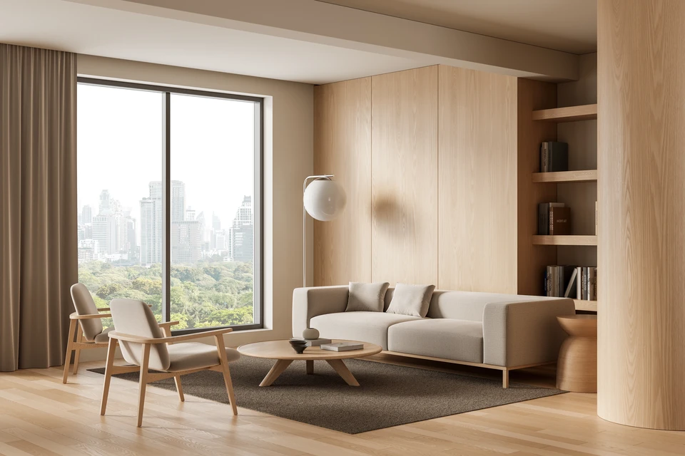 Intérieur moderne minimaliste avec fauteuil contemporain aux lignes géométriques épurées