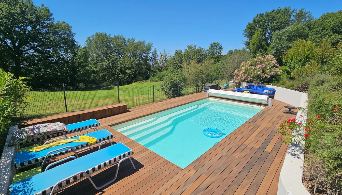 Terrasse soignée et soignée avec mobilier de jardin en bois et plantes sur table