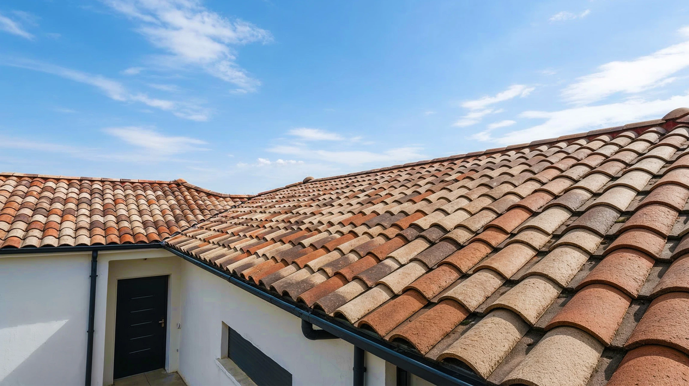 Extérieur résidentiel avec toiture complexe en tuiles mécaniques rouges-brunes