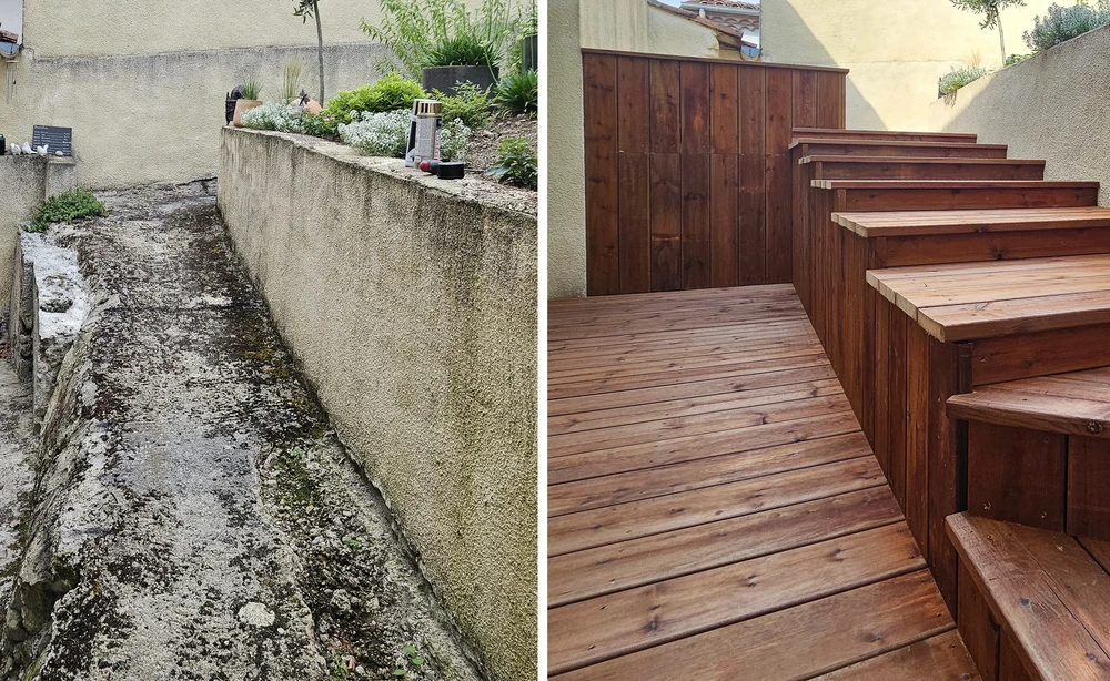 Terrasse extérieure avec platelage en lames de bois composite ou naturel disposées parallèlement