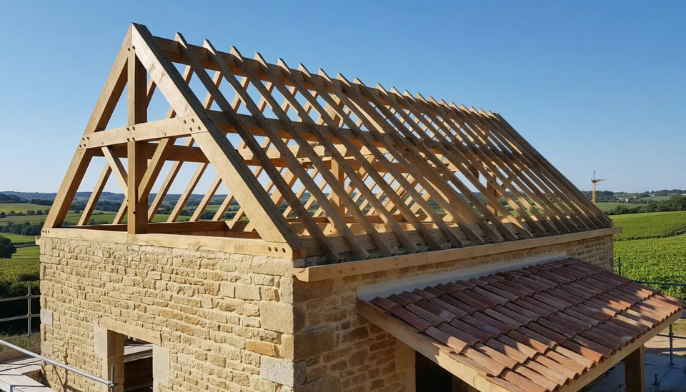 Chantier de construction extérieur avec artisan utilisant perceuse visseuse sur structure en bois massif